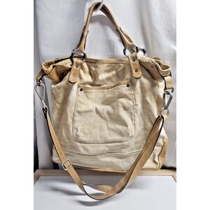RUEHL No.925  tan fabric body leather trim and straps large‎ crossbody handbag
